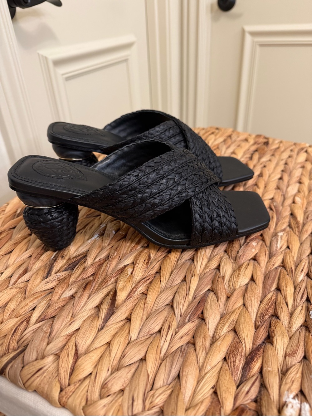 Black Braided Slide Mules with Sculpted Heel - Women Shoes